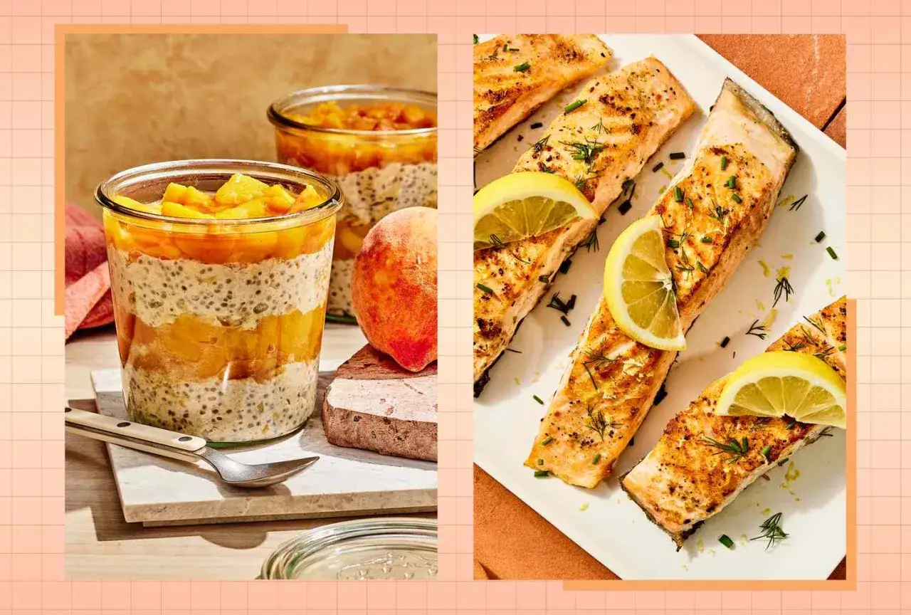 Budino di semi di chia con pesche e salmone grigliato, idee per una dieta per stitichezza men&ugrave; settimanale.