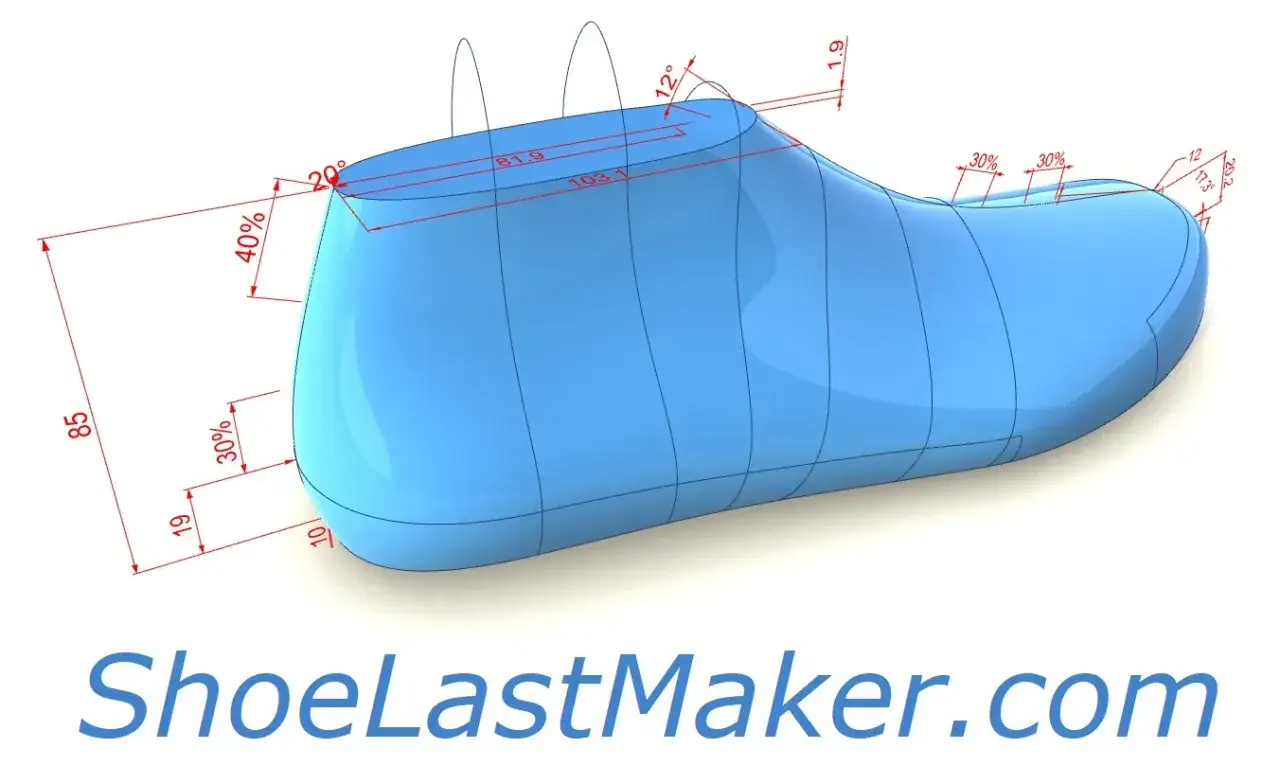 Model buta w programie 3D, z wymiarami i kątami. Widać, że w jakim programie prac buty, by stworzyć ten projekt.