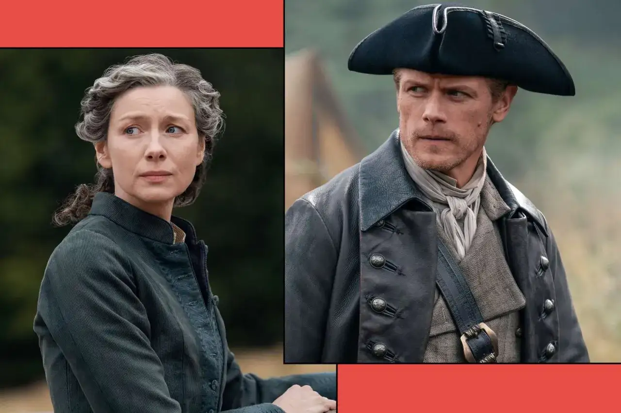 Claire i Jamie w outlander sezon 7. Ich spojrzenia pełne troski i determinacji zapowiadają burzliwe wydarzenia.