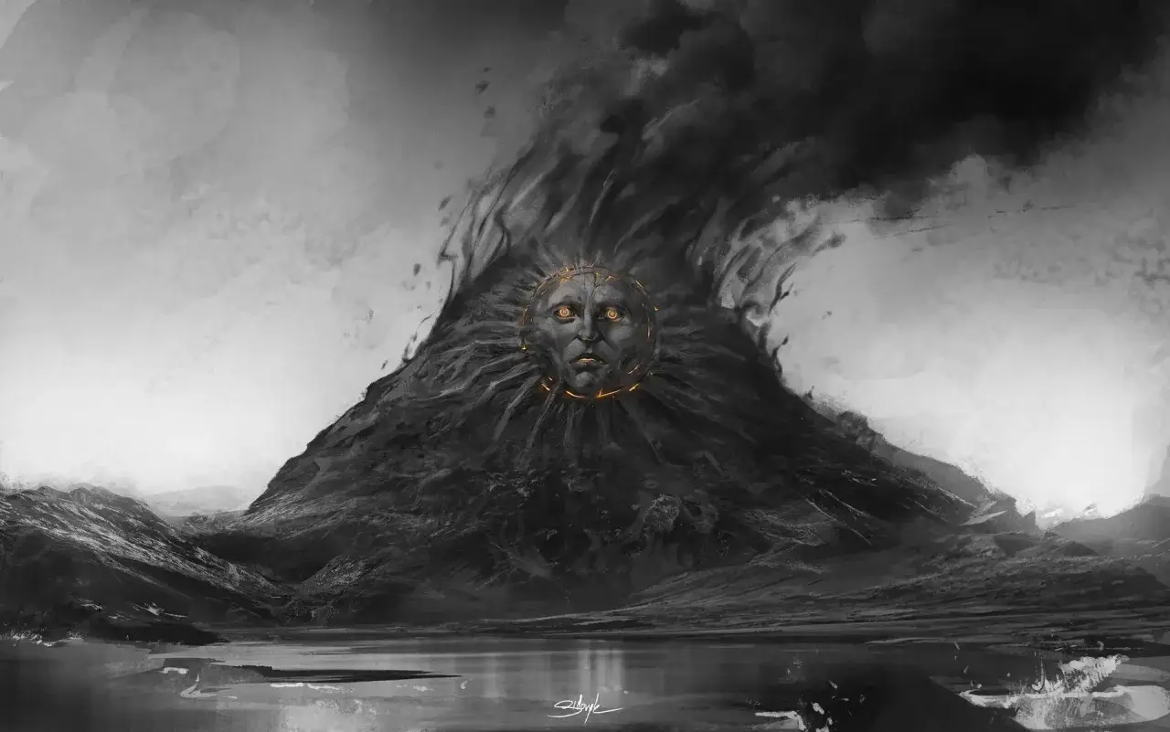 Un visage émerge d'un volcan en éruption, ses yeux brillent comme du magma. Le paysage désolé évoque la puissance du magma Gojira.