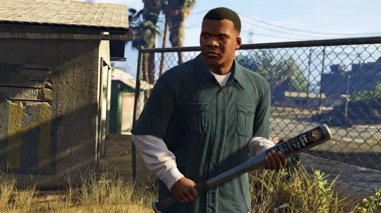 Franklin z kijem baseballowym, gotowy na akcję w świecie GTA 5 mody.
