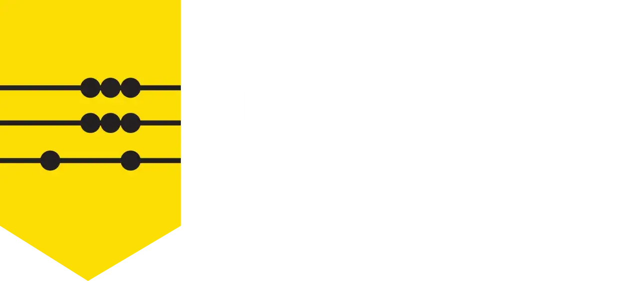 Logo z żółtym elementem przypominającym liczydło i napisem 