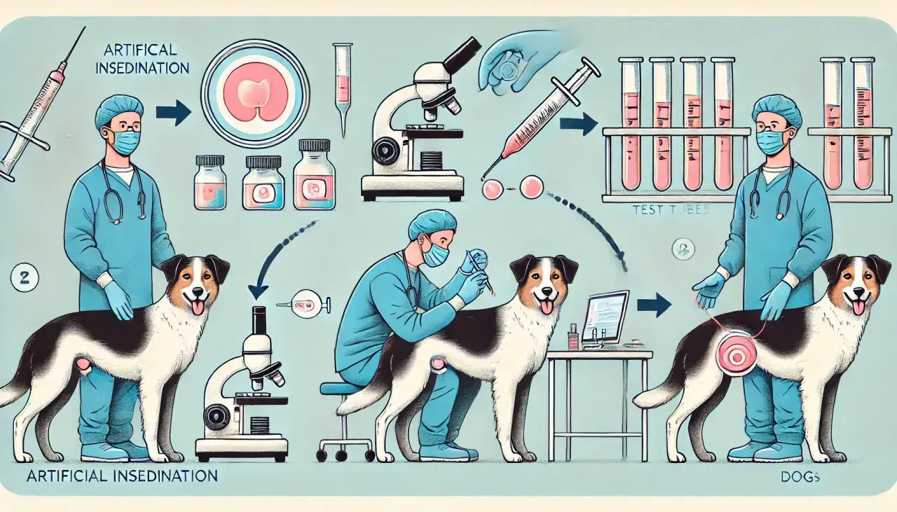 Ilustracja przedstawia proces inseminacji psa w domu. Weterynarz pobiera pr&oacute;bkę, analizuje ją pod mikroskopem, a następnie wykonuje zabieg.