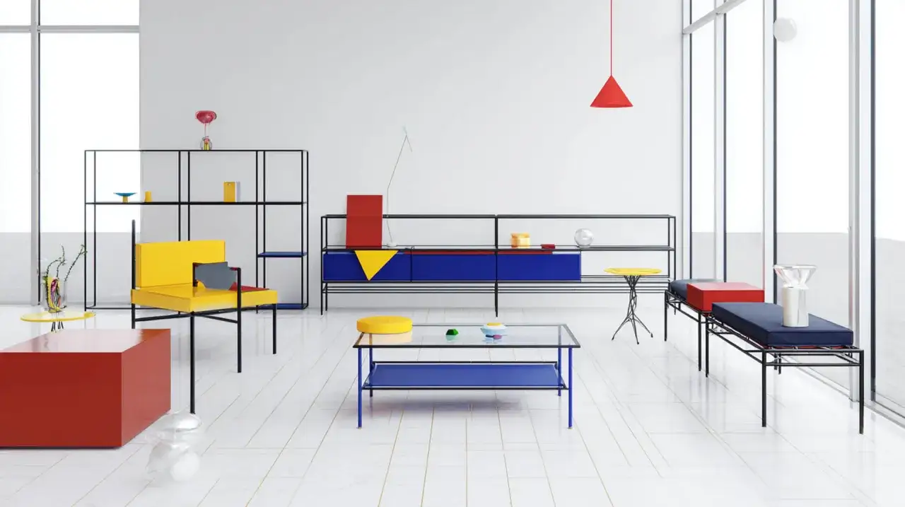 Jasne, oto opis:
Minimalistyczne wnętrze w stylu bauhaus z meblami o geometrycznych kształtach i jaskrawych kolorach: żółte krzesło, czerwona kostka, niebieskie szuflady.