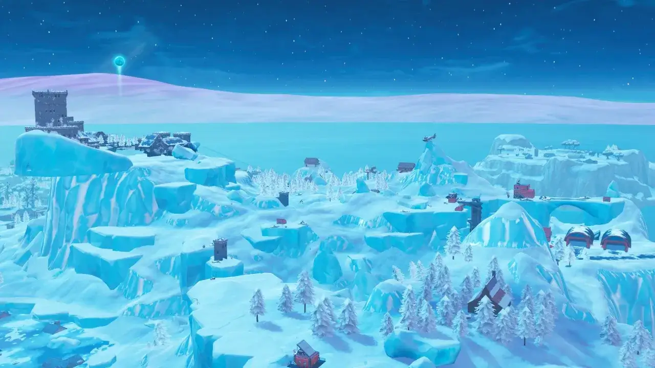 Lodowa kraina z zamkami i domkami, idealna do walki w **sezonie 7 Fortnite**.