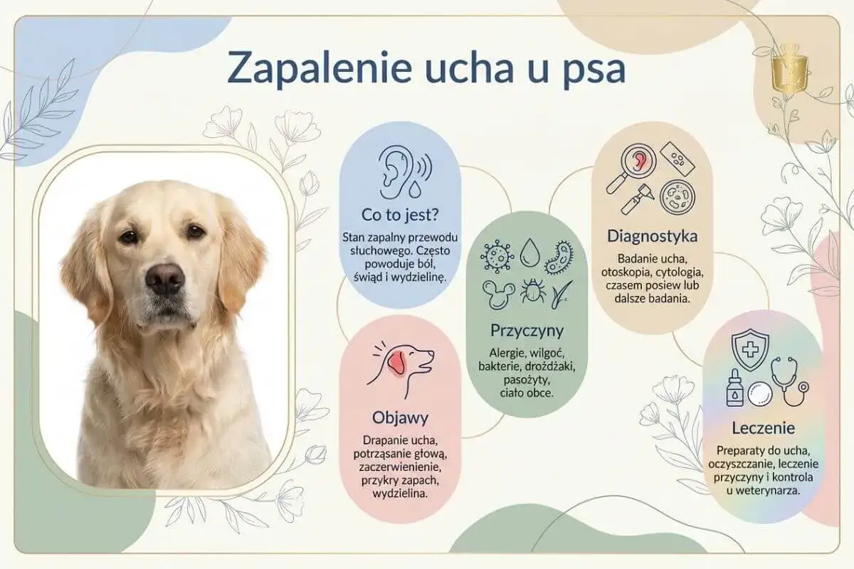 Golden retriever z objawami chorób uszu u psa: drapanie, potrząsanie głową, zaczerwienienie, przykry zapach i wydzielina.
