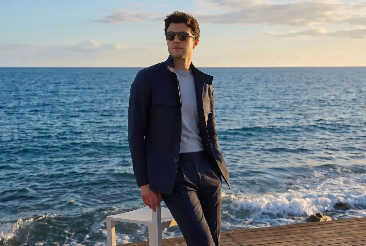 Man in stylish navy suit, perfect for cocktail attire, poses by the sea at sunset.