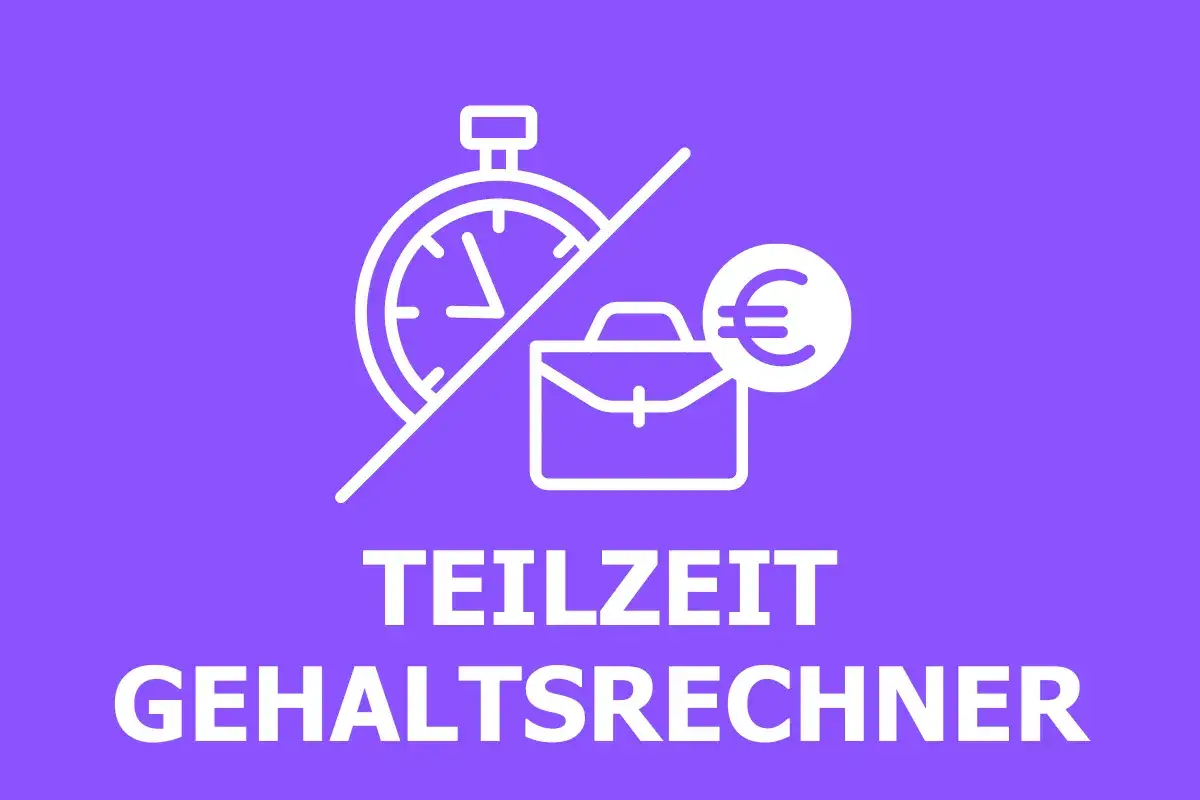 Teilzeit Gehaltsrechner: Stoppuhr, Aktenkoffer und Euro-Symbol auf lila Hintergrund.