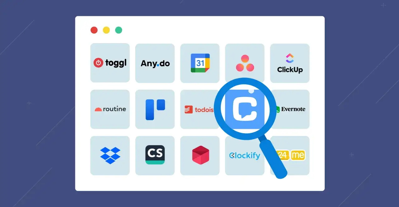 Szukaj wśród aplikacji: Toggl, Any.do, ClickUp, Routine, Todoist, Evernote, Dropbox, CS, Clockify, 24me. Lupa skupia się na ikonie czatu.
