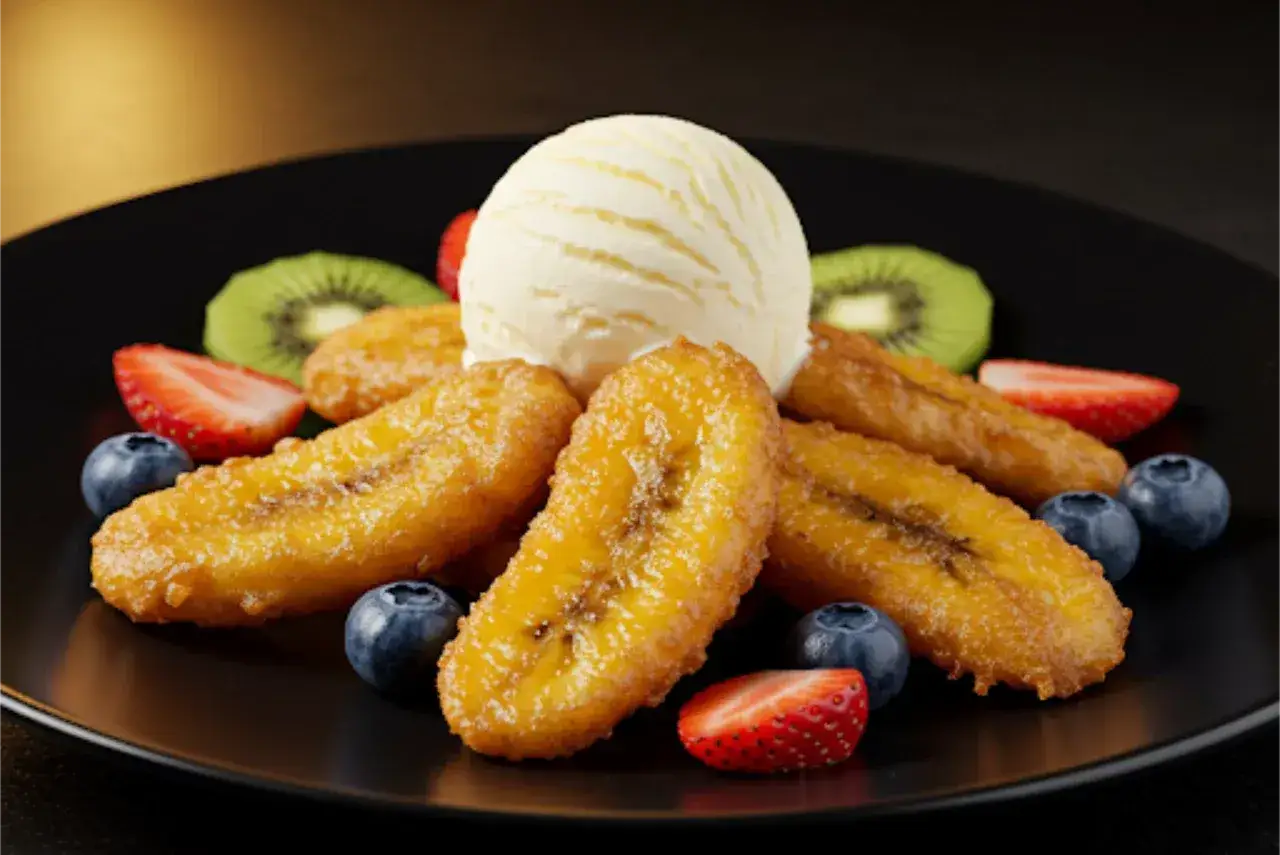 Goldbraun gebackene Banane mit einer Kugel Vanilleeis, umgeben von frischen Beeren und Kiwi-Scheiben auf einem schwarzen Teller.