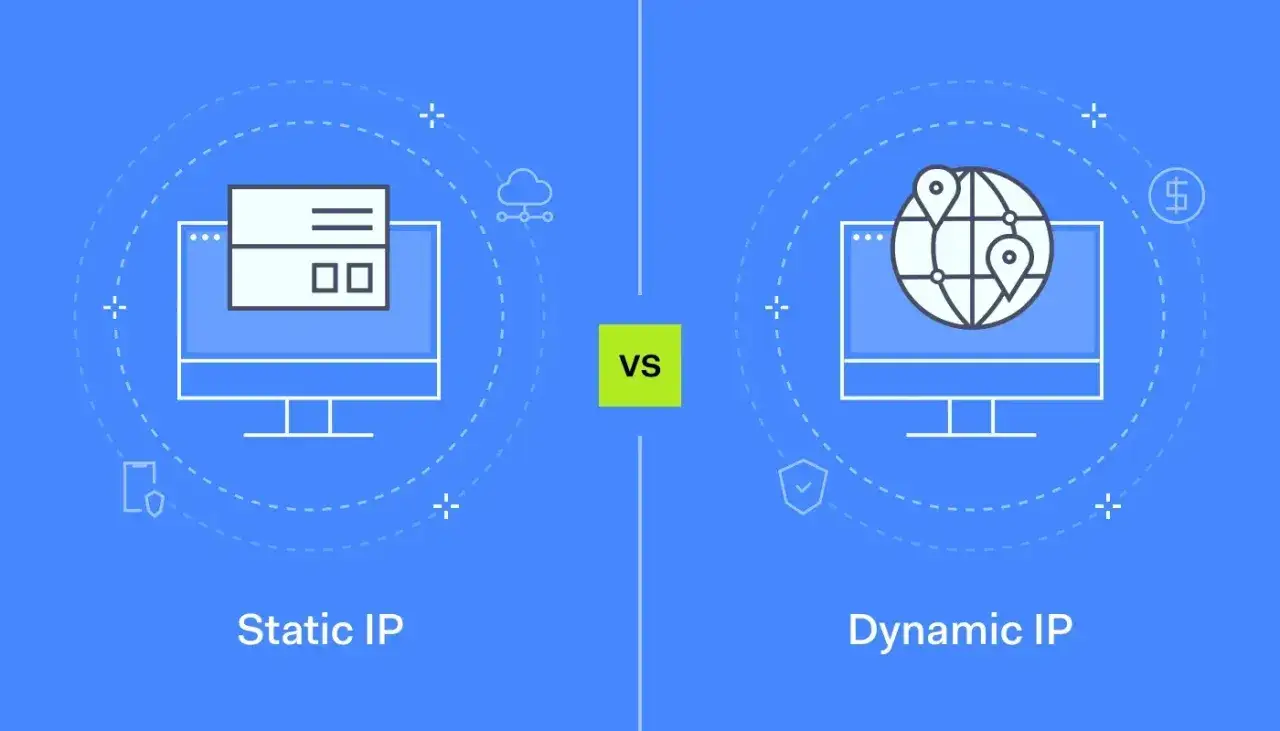 Porównanie statyczne IP z dynamicznym IP. Po lewej komputer z ikoną chmury, po prawej z globem i pinezkami.