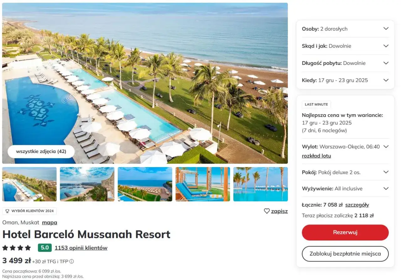 Luksusowy resort nad morzem w Omanie, idealny na wycieczki do Omanu. Basen, palmy i plaża zapraszają do relaksu.