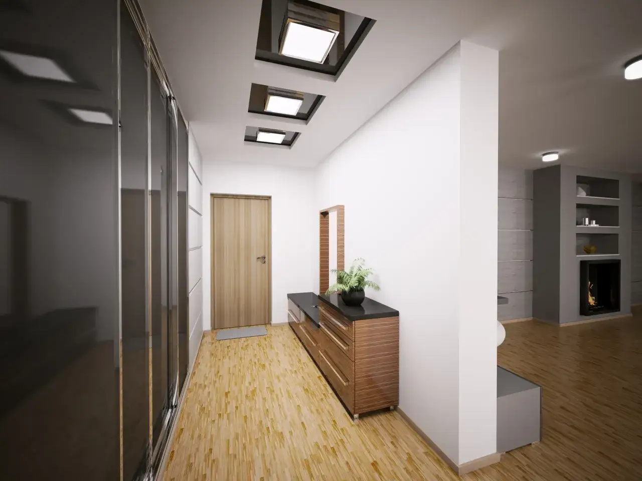 Nowoczesny korytarz: lustrzana szafa, drewniana komoda z rośliną, wnęki sufitowe. Inspiracja, jak urządzić korytarz.