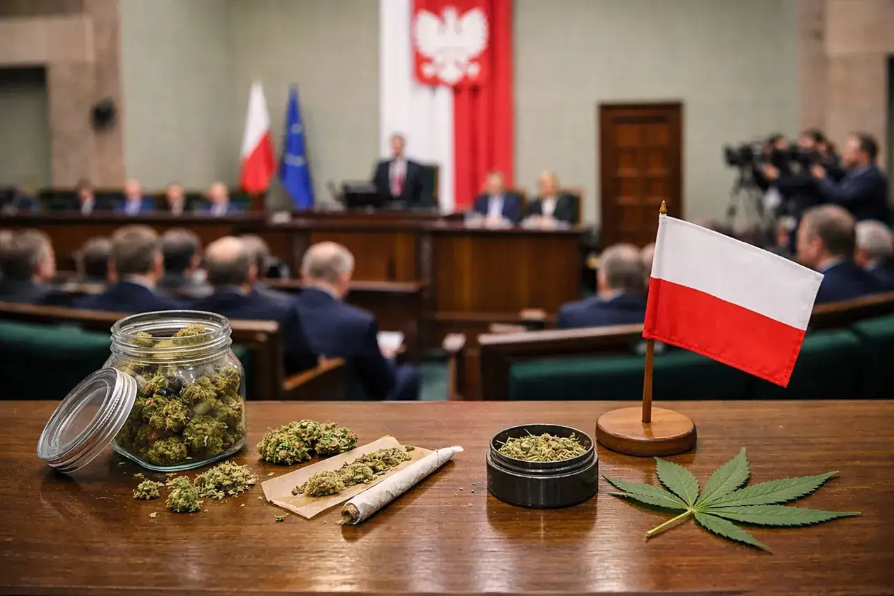 Słoik z marihuaną, joint i liść konopi na stole przed polską flagą i salą sejmową. Dyskusja o legalizacji marihuany w Polsce.
