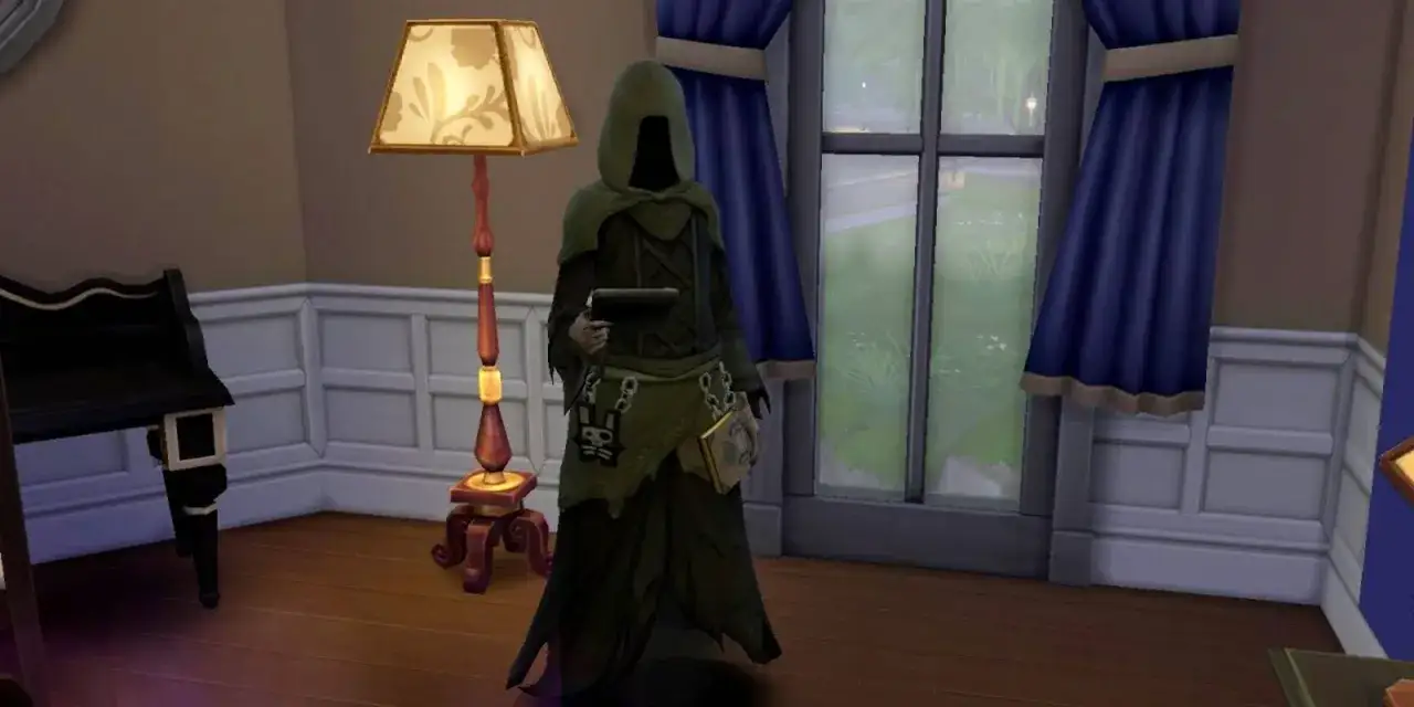 Mroczna postać w kapturze trzymająca pistolet, może to być wskazówka, jak zabić sima w The Sims 4.