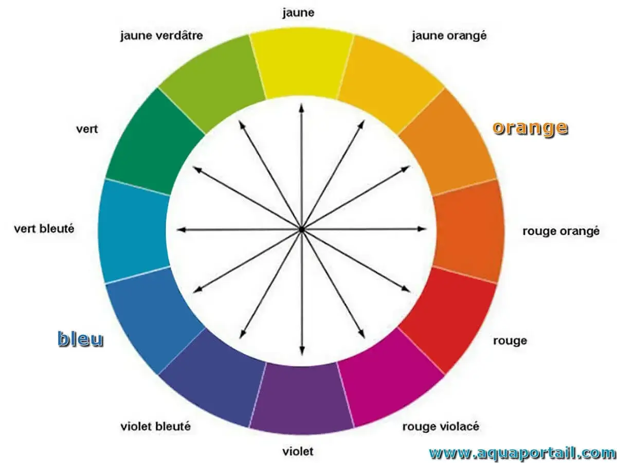 Roue chromatique montrant les couleurs primaires, secondaires et tertiaires. Le rouge orangé est la couleur complémentaire du bleu verdâtre.