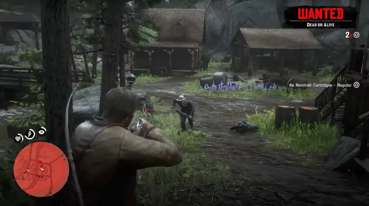 Jugador apunta con arco a un enemigo en Red Dead Redemption 2. El cartel