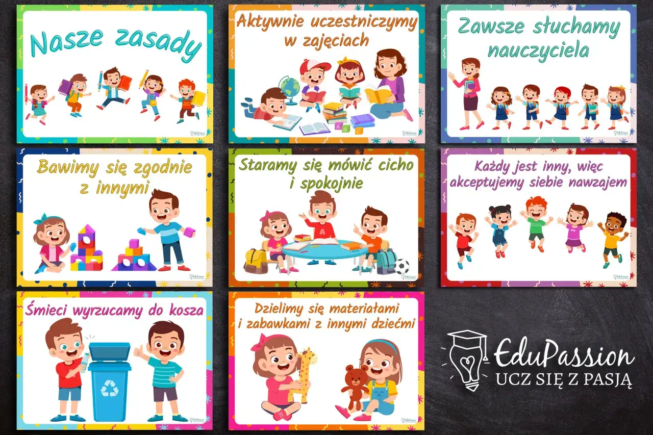 Plakaty z zasadami przedszkola: aktywnie uczestniczymy, bawimy się zgodnie, słuchamy nauczyciela, dzielimy się zabawkami. Metody dyscyplinowania dzieci w przedszkolu.
