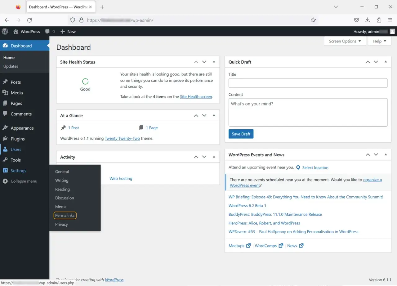 Tableau de bord WordPress : le menu