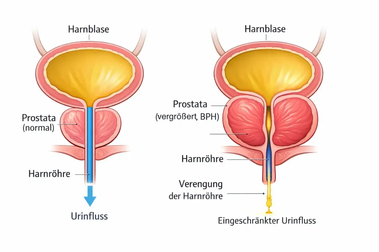 Vergleich Harnblase: Normal vs. vergr&ouml;&szlig;erte Prostata (BPH), die zu eingeschr&auml;nktem Urinfluss und potenzieller Inkontinenz f&uuml;hren kann, &auml;hnlich wie bei Parkinson.