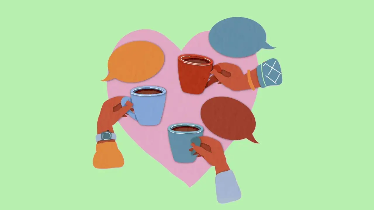 H&auml;nder som h&aring;ller kaffekoppar och pratbubblor runt ett hj&auml;rta. En illustration som visar vikten av social kompetens.