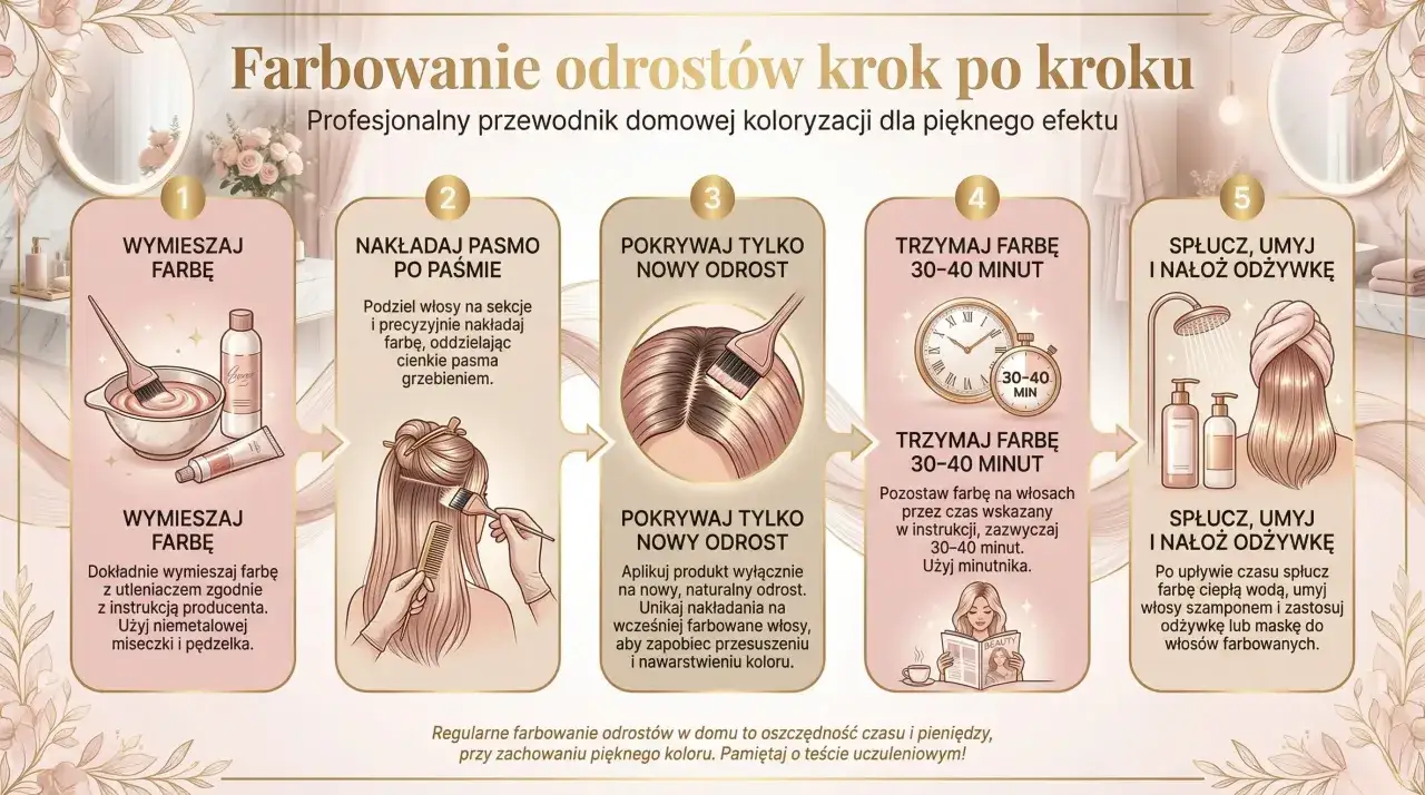 Instrukcja farbowania odrostów krok po kroku: wymieszaj farbę, nakładaj pasmo po paśmie, pokrywaj tylko nowy odrost, trzymaj 30-40 minut, spłucz i umyj.