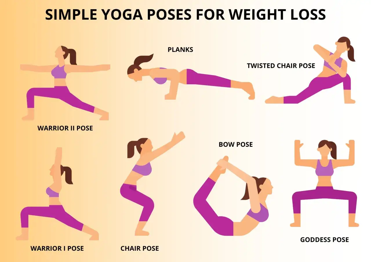 Illustrations de postures de yoga pour maigrir : guerrier, planche, chaise torsad&eacute;e, arc, d&eacute;esse.