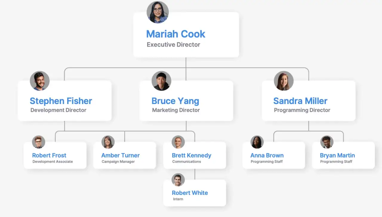 Organizational chart showing the small non profit organization structure titles: Executive Director, Development Director, Marketing Director, Programming Director, and their staff.
