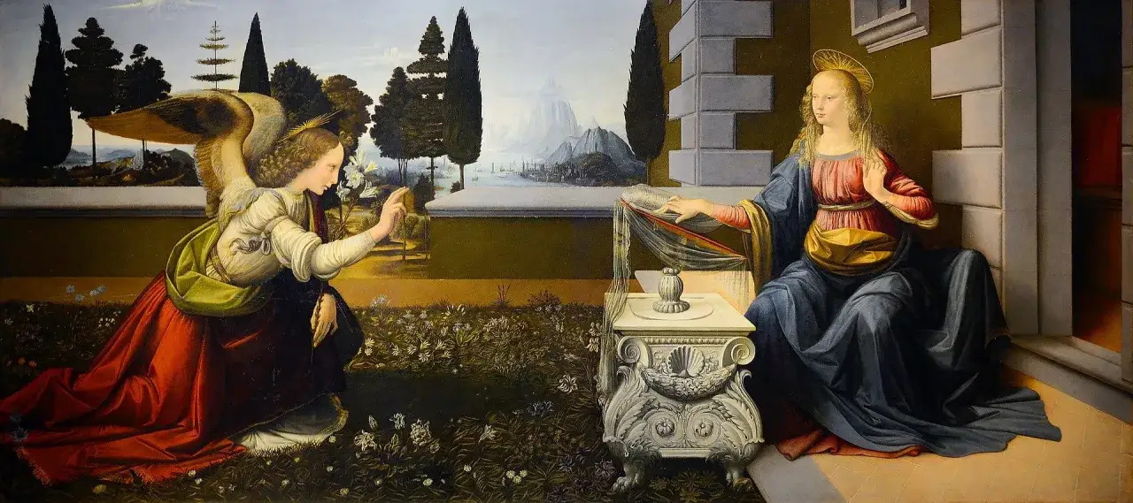 Verk&uuml;ndigung: Ein Engel kniet vor Maria, die eine Lilie h&auml;lt. Die Szene unterstreicht die Bedeutung Marias als Mutter Jesu.