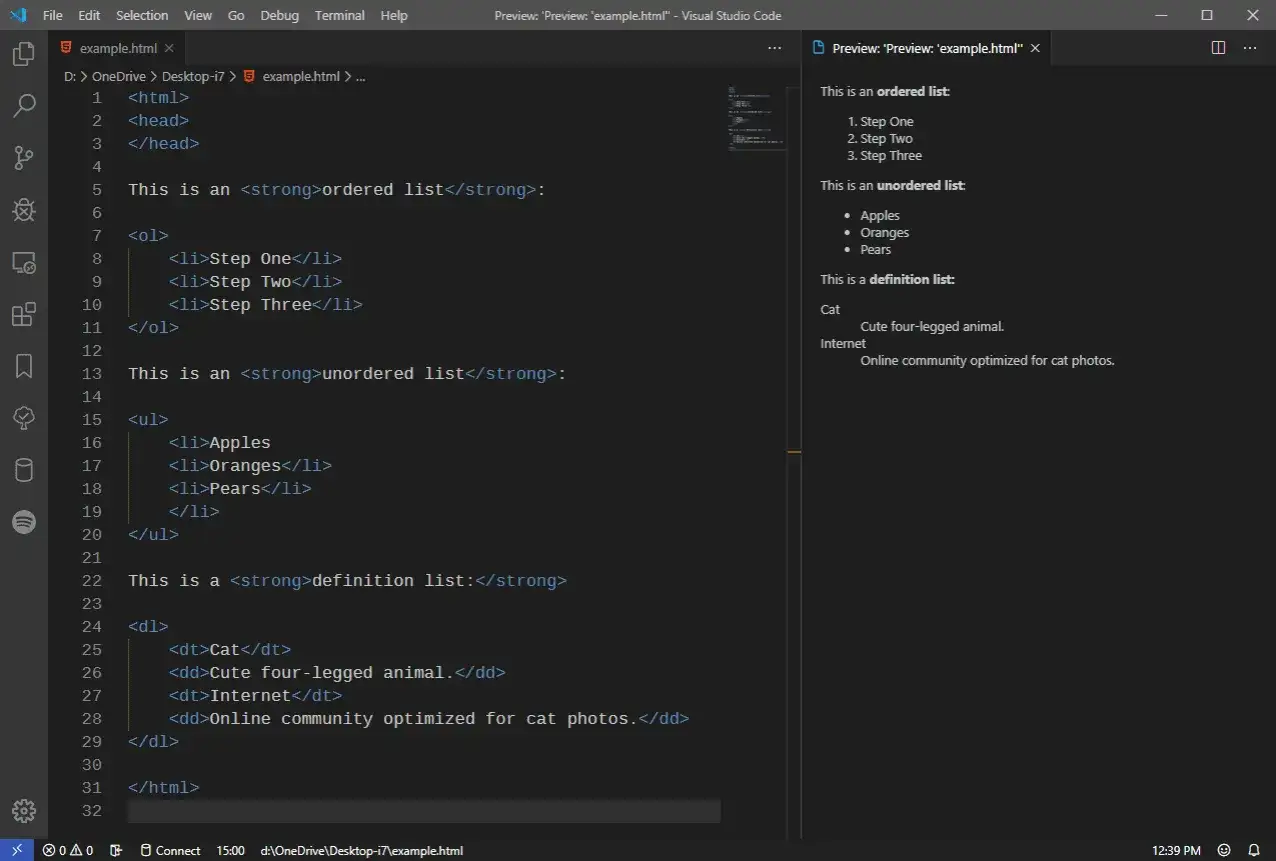 Kod HTML z listą uporządkowaną, nieuporządkowaną i definicji.