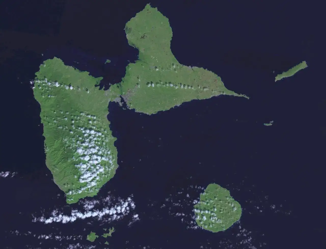 Widok satelitarny archipelagu Gwadelupa, kt&oacute;ry leży na Morzu Karaibskim. Wyspy mają kształt motyla.