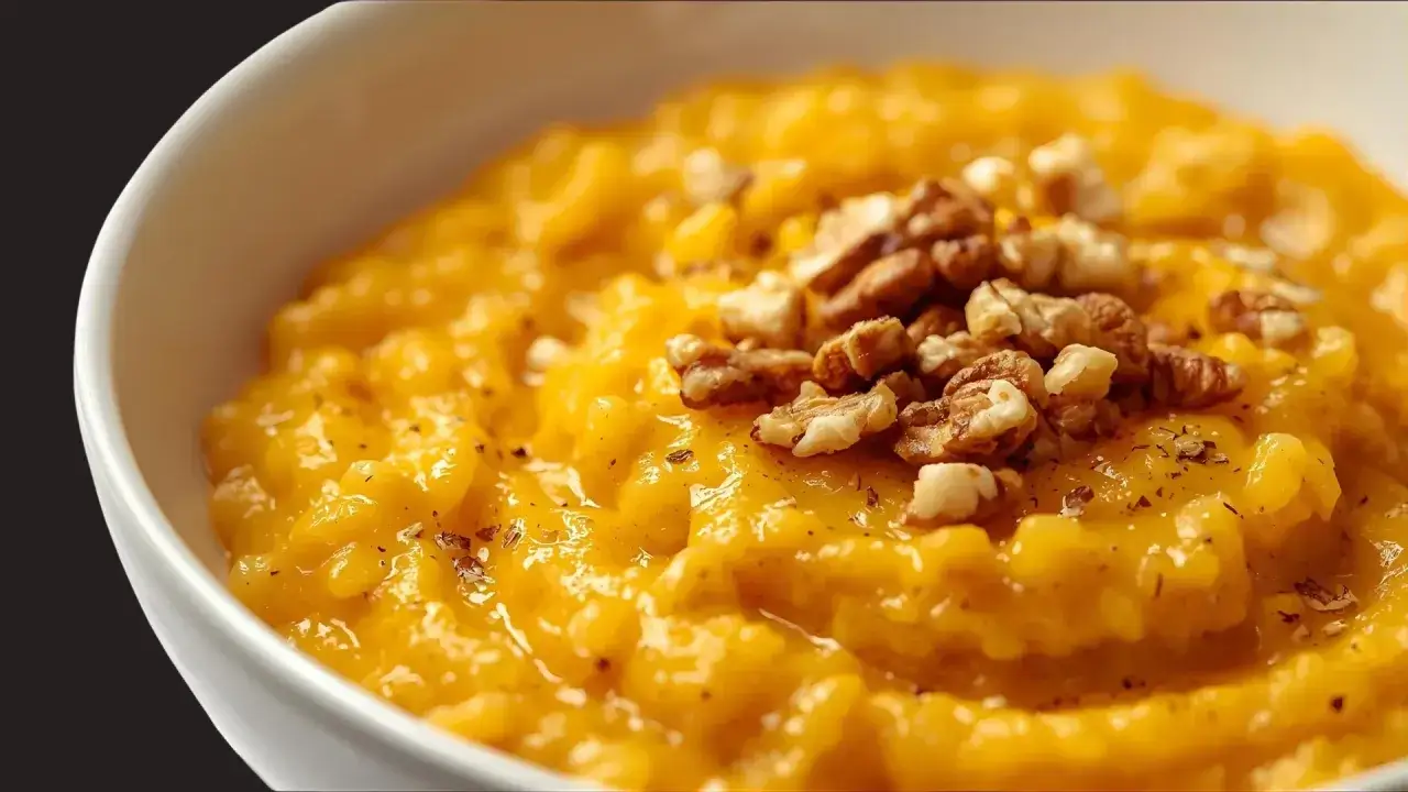 Risotto zucca e rosmarino cremoso, guarnito con noci croccanti. Un piatto autunnale che profuma di casa.