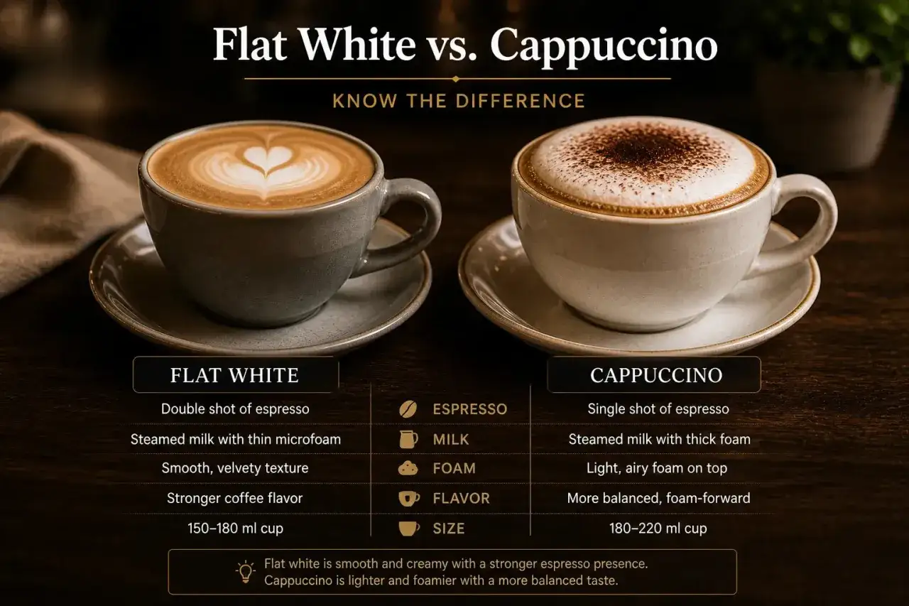 Zwei Kaffees: Flat White mit Herz-Latte-Art und ein Cappuccino mit Kakaopulver. Der Vergleich zeigt die Unterschiede zwischen Flat White vs. Cappuccino.