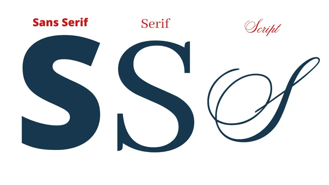 Three styles of the letter S: Sans Serif, Serif, and a decorative script.