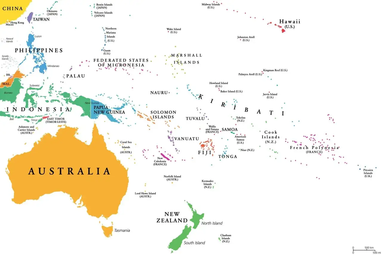 Mapa przedstawiająca kraje Oceanii, z zaznaczonymi Australią, Nową Zelandią i licznymi wyspami Pacyfiku.