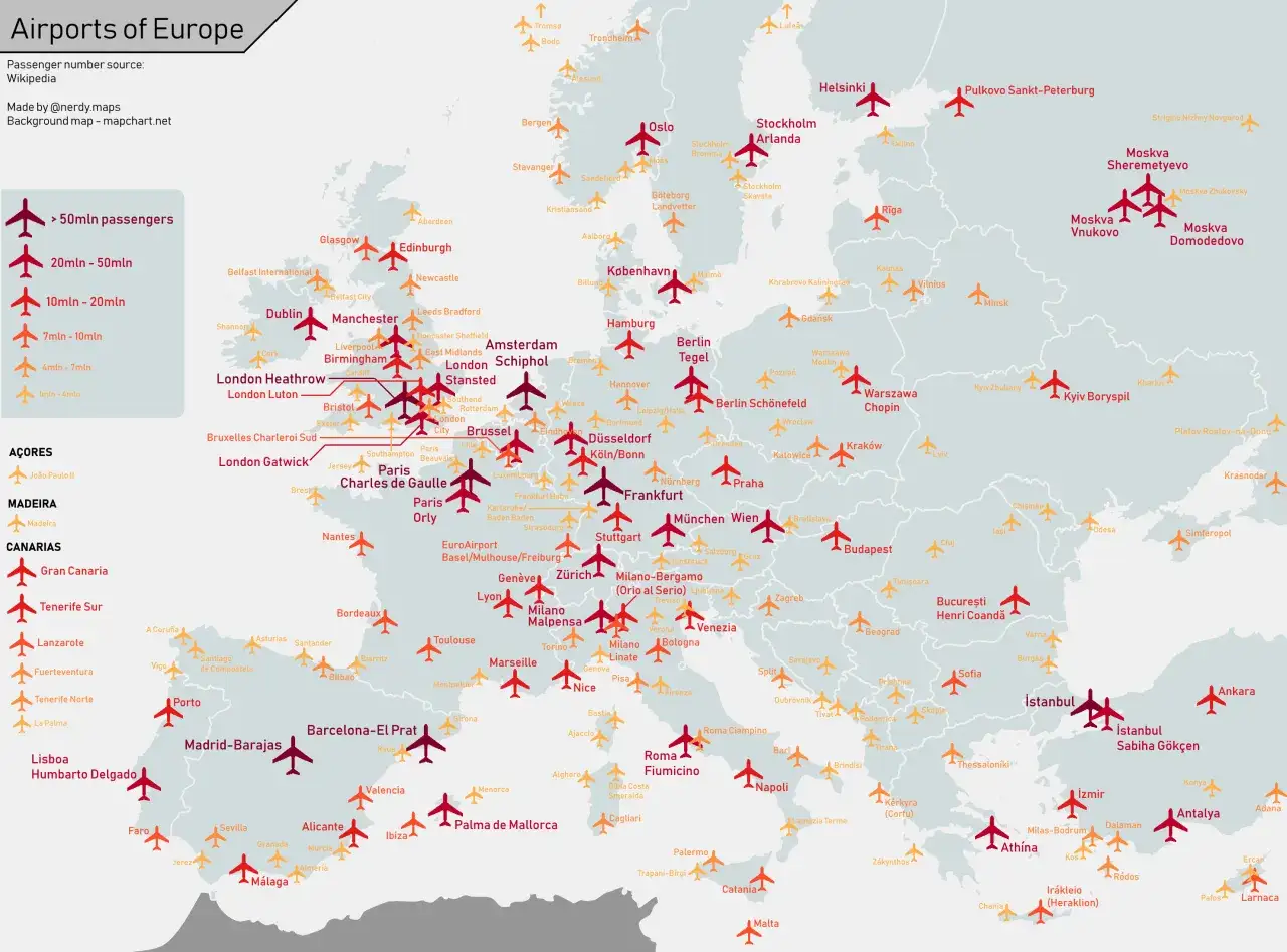 Mapa lotnisk w Europie z zaznaczonymi liniami lotniczymi i kategoriami pasażerów.
