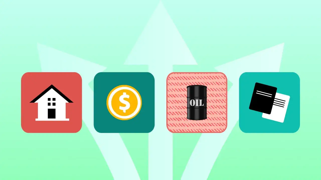 Iconos de casa, dólar, barril de petróleo y documentos representan diversos activos financieros.