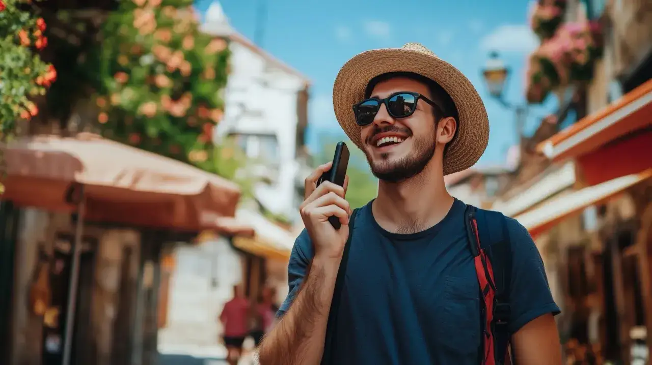 Uśmiechnięty turysta w słomkowym kapeluszu i okularach przeciwsłonecznych rozmawia przez telefon, ciesząc się wakacjami w Macedonii. Internet działa bez zarzutu.