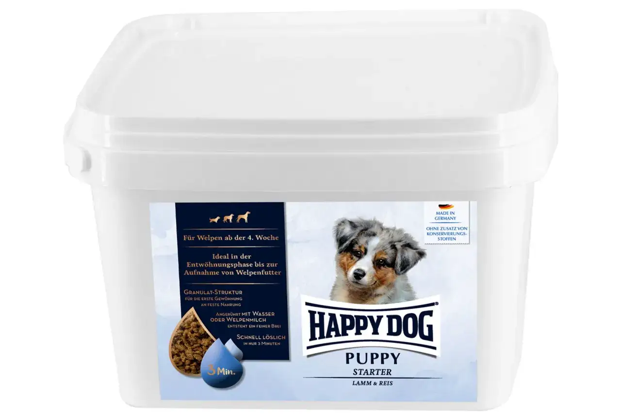 Szczeniak 5 tygodniowy potrzebuje odpowiedniego pokarmu. Happy Dog Puppy Starter z jagnięciną i ryżem to idealne rozwiązanie na pierwsze kroki w żywieniu stałym.