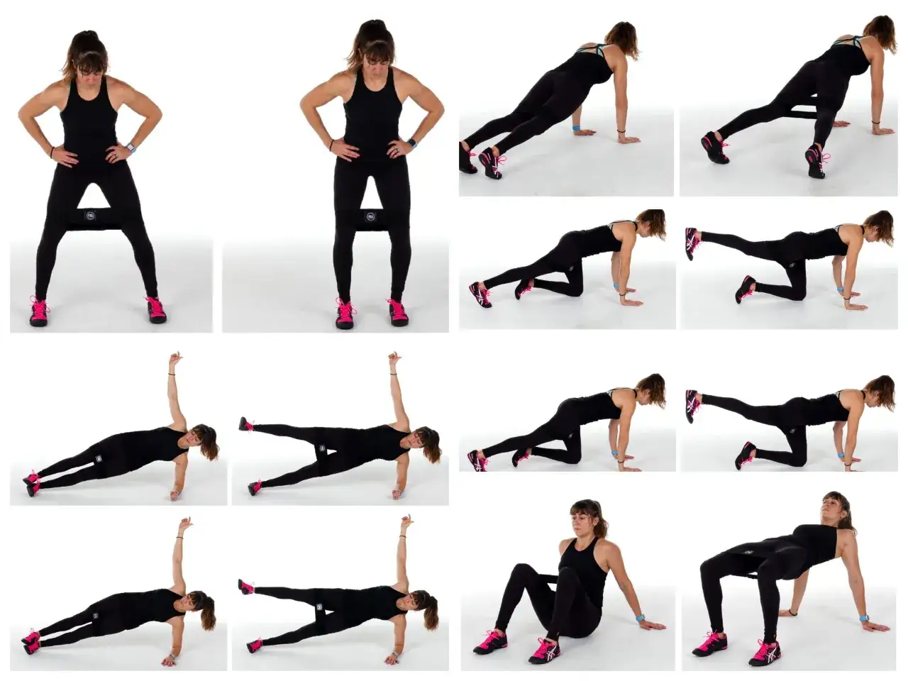 Donna in abiti sportivi esegue esercizi per glutei tonici con elastico.