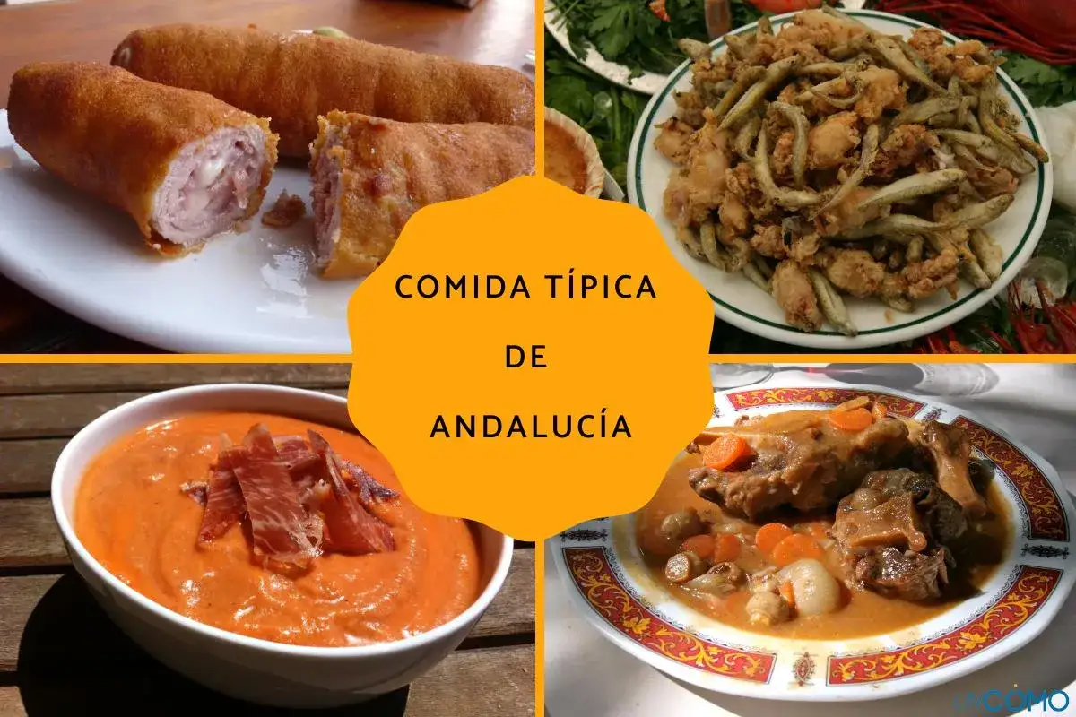 Cuatro platos de comida andaluza: croquetas, pesca&iacute;to frito, salmorejo y rabo de toro.