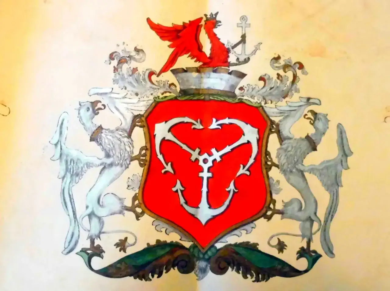 Herb Gdyni: czerwona tarcza z białym kotwicą, podtrzymywana przez dwa gryfy. Na górze czerwony gryf z koroną i kotwicą.