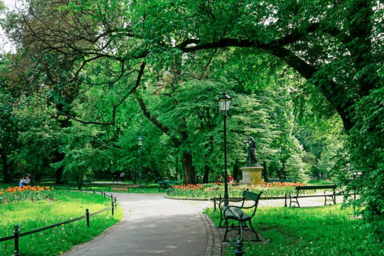 Zielony park w Krakowie, idealne miejsce, by zapytać: gdzie na randkę w Krakowie? Ławki, kwiaty i pomnik zachęcają do spaceru.