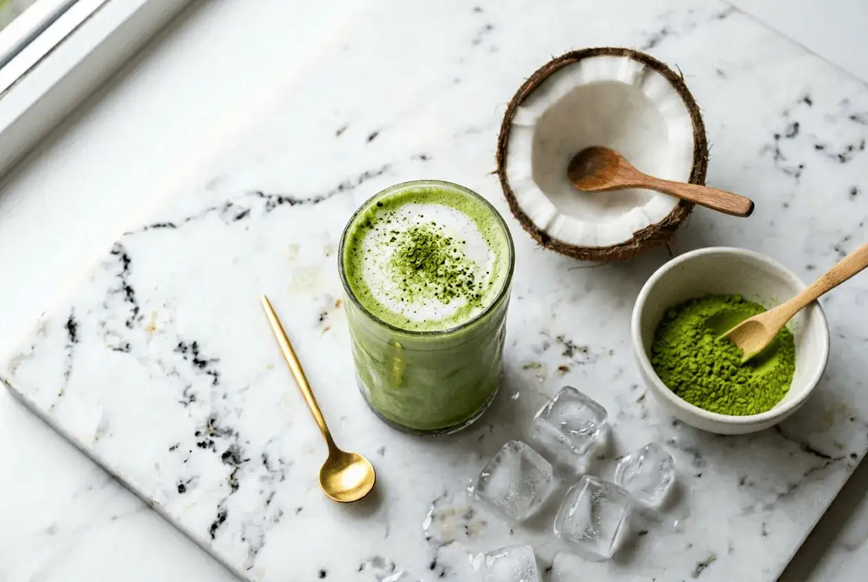 Un verre de matcha latte crémeux, une noix de coco ouverte, de la poudre de matcha et des glaçons. Parfait pour des matcha recettes salées.