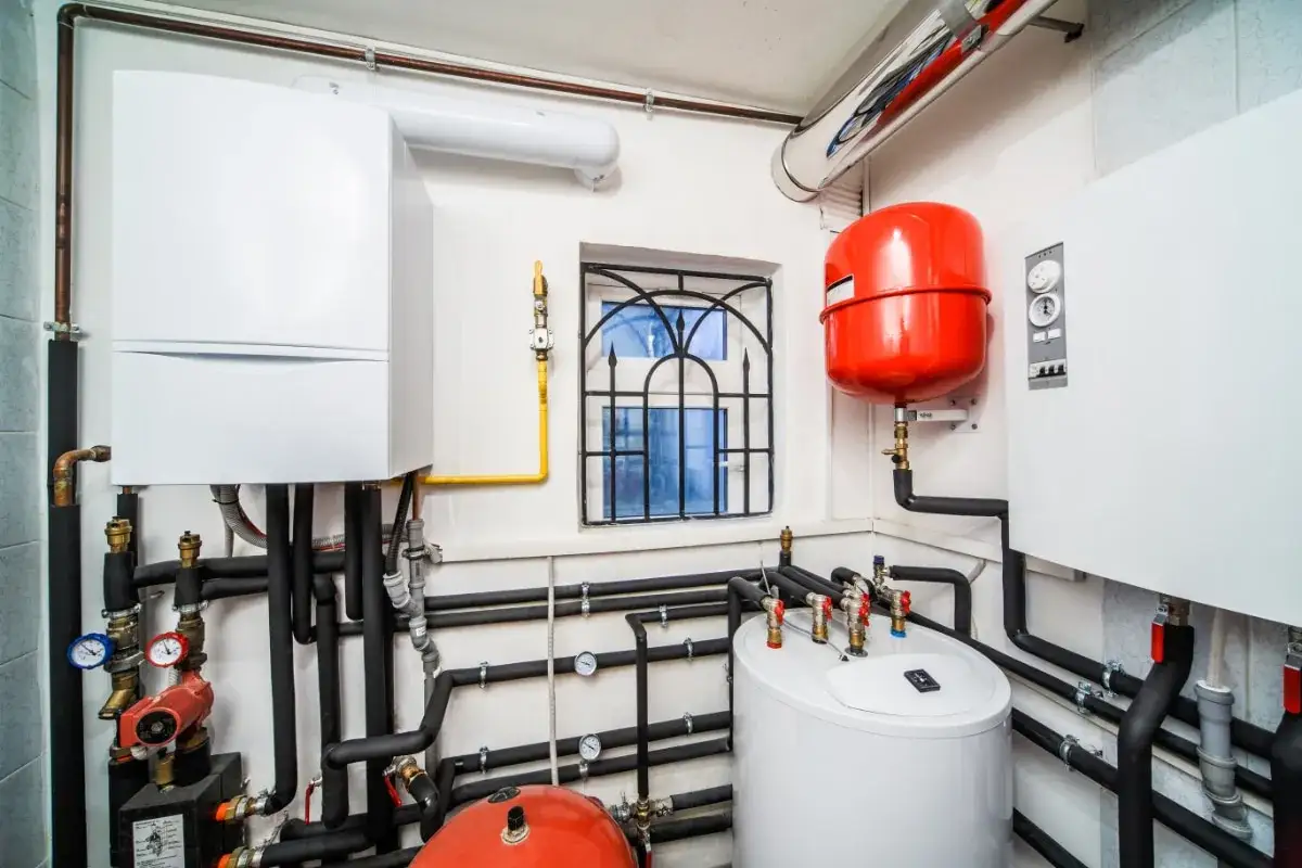 Chaudière et ballon d'eau chaude dans une chaufferie. Le système utilise probablement du butane ou du propane pour le chauffage.