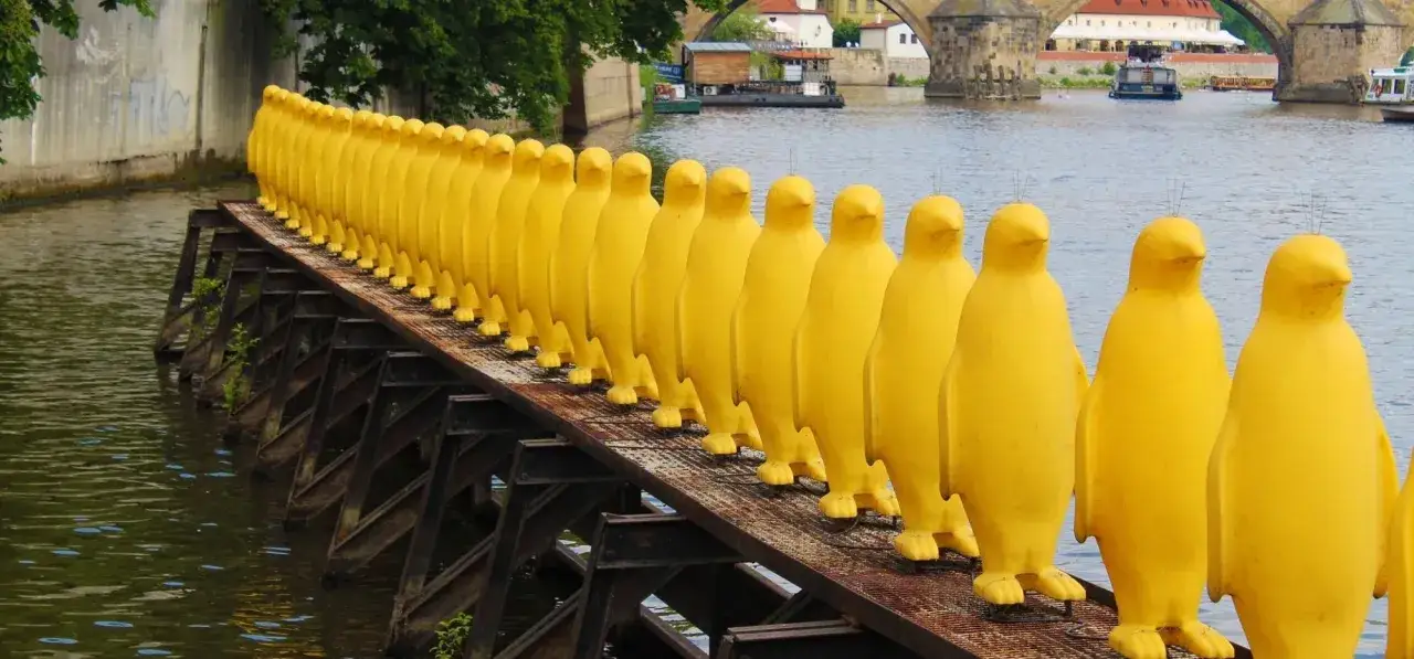 Żółte pingwiny na moście w Pradze – nietypowe atrakcje, które przyciągają wzrok.