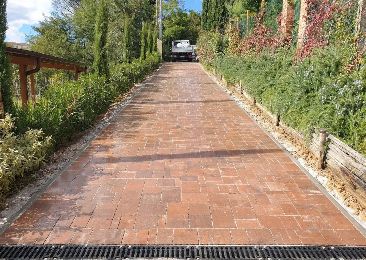 Viale in autobloccanti per esterno, con aiuole verdi e alberi.