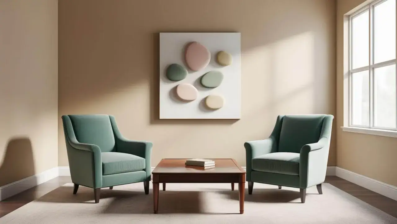 Due poltrone verdi in un accogliente studio psicoterapia, con un quadro astratto e un tavolino.