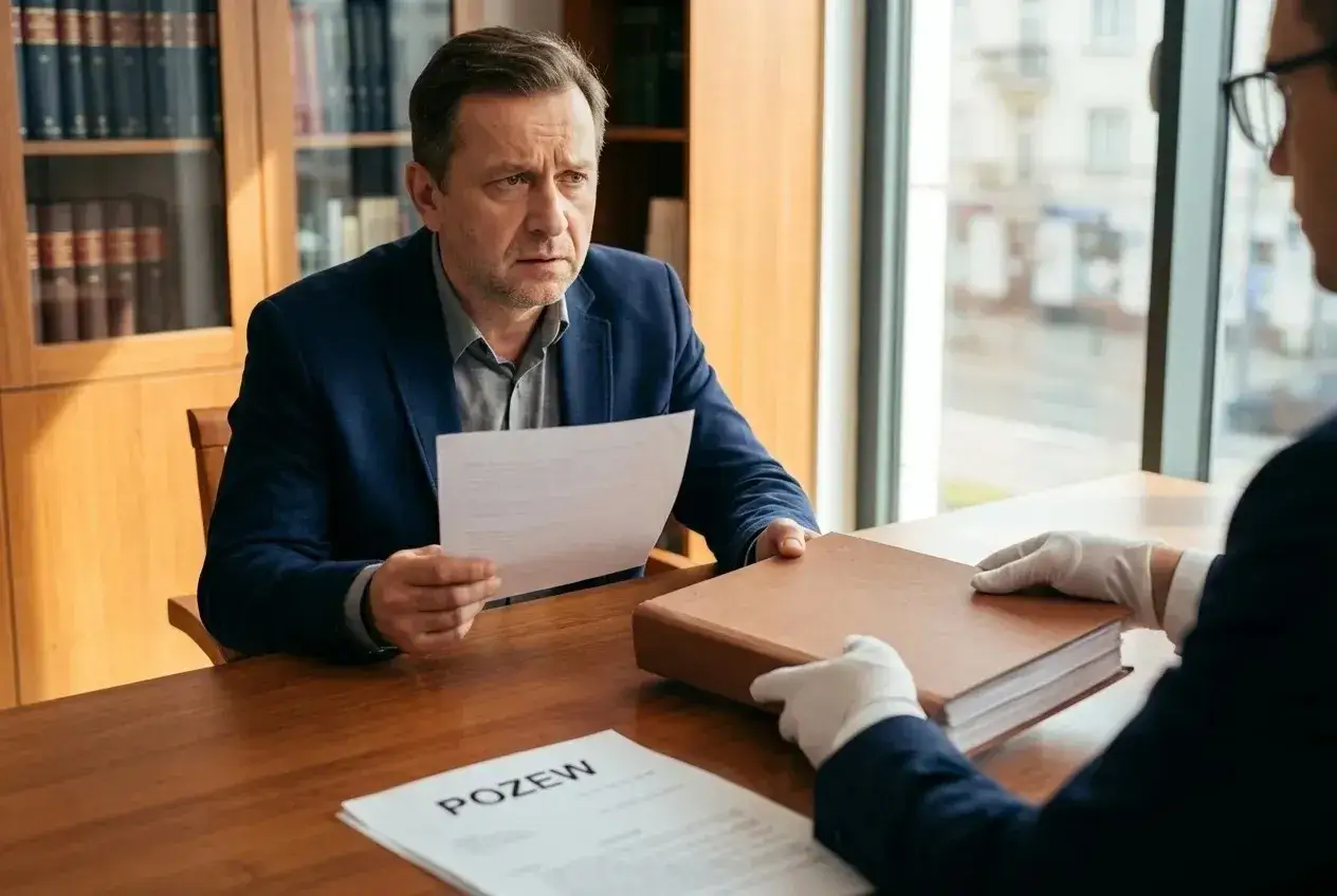Mężczyzna z dokumentami w ręku i prawnik przekazujący teczkę. Rozmowa o tym, jak udowodnić zatrudnienie bez umowy przed sądem pracy.