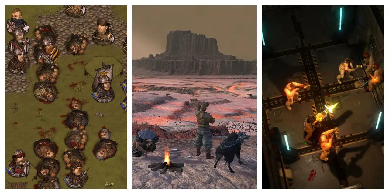 Tres escenas de juegos de supervivencia: combate medieval, un páramo desolado y una lucha futurista.